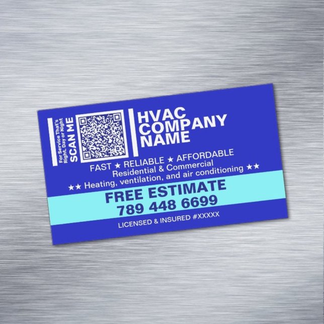 Cartão De Visitas Magnético Licença & Código Qr | Blue Professional HVAC (best hvac business cards)