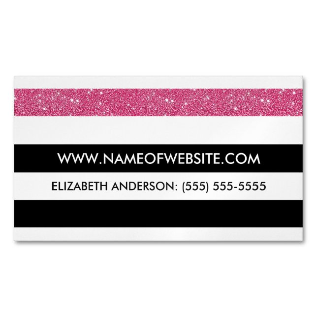 Cartão De Visitas Magnético Listras brancas e pretas modernas FAUX Glitz rosa (Frente)