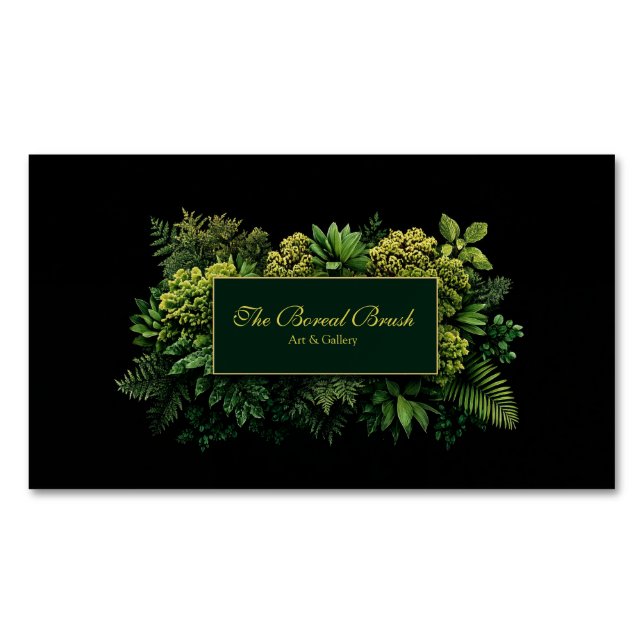 Cartão De Visitas Magnético Lush Greenery Black Gold Frame Botanical (Frente)