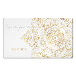Cartão De Visitas Magnético Mandalá Floral de Ouro Branco Elegante