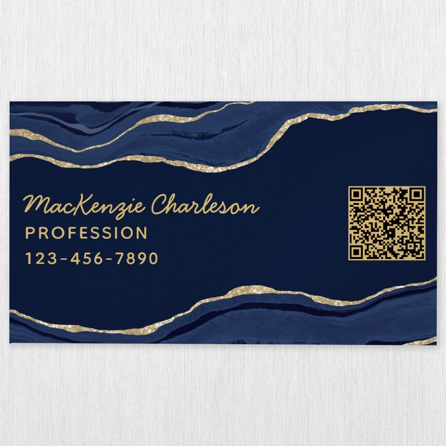 Cartão De Visitas Magnético Marinho Blue Marble Agate Dourado Glitter Código Q (Navy blue gold agate marble geode business card magnet with custom text)
