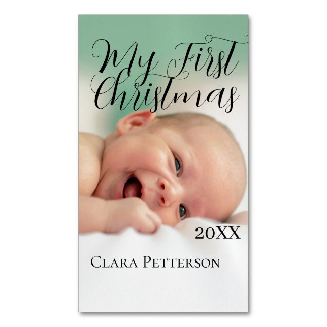 Cartão De Visitas Magnético Minha primeira foto de bebê de Natal adiciona nome (Frente Vertical)