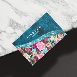 Cartão De Visitas Magnético Monograma azul-burgundy azul-aqua floral-quic