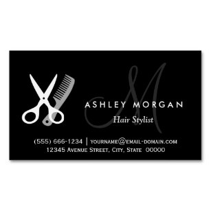 Cartão De Visitas Magnético Monograma branco preto - Hair Salon Hairstylist