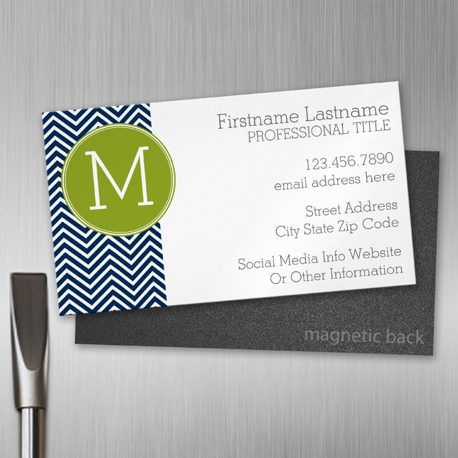 Cartão De Visitas Magnético Monograma Personalizado de Chevrons Azul e Verde l (Custom Business Card Magnet)