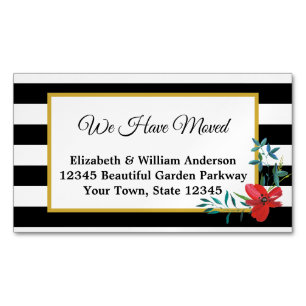 Cartão De Visitas Magnético Movimentamos Flor Vermelho Stripado Negro e Branco