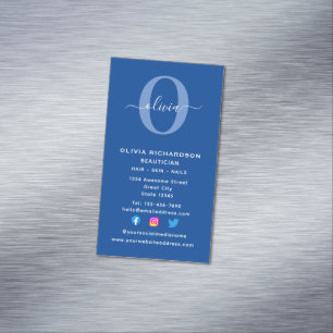 Cartão De Visitas Magnético Nome de Letra de Monograma Vertical Azul Branco Fe