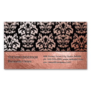 Cartão De Visitas Magnético Ouro Rosa e Padrão Damask
