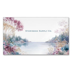 Cartão De Visitas Magnético Paisagem Serena do Lago Floral Rosa Dourado
