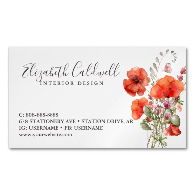 Cartão De Visitas Magnético Primavera Wildflower Poppy Floral Personalizado (Frente)