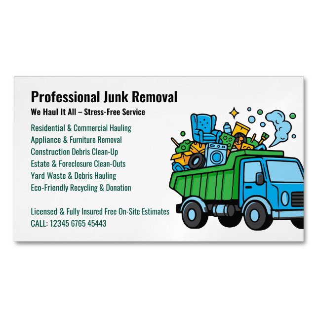Cartão De Visitas Magnético Professional Junk Removal Hauling Services Truck (Frente)