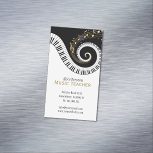 Cartão De Visitas Magnético Professor de Música   Piano branco Elegante Clack 