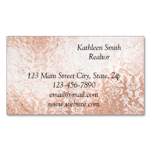 Cartão De Visitas Magnético Rosa Dourado Damask Elegante Script