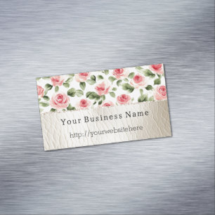 Cartão De Visitas Magnético Rosas bonito Rosa Floral Creme Faux Couro