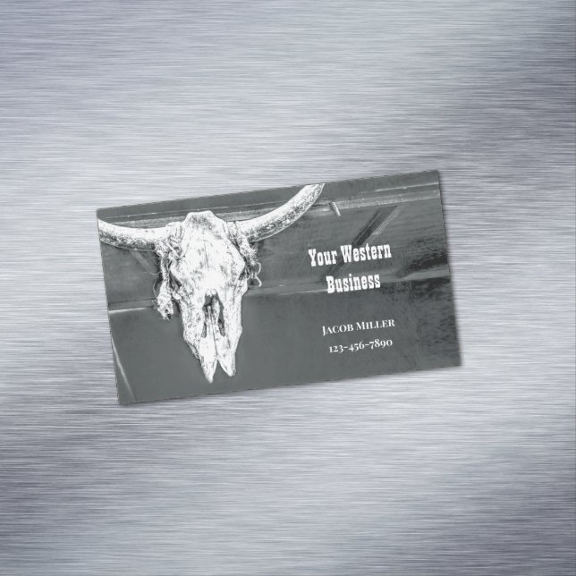 Cartão De Visitas Magnético Rustic Western Charcoal Grey White Bull Cow Skull (Posição Original)