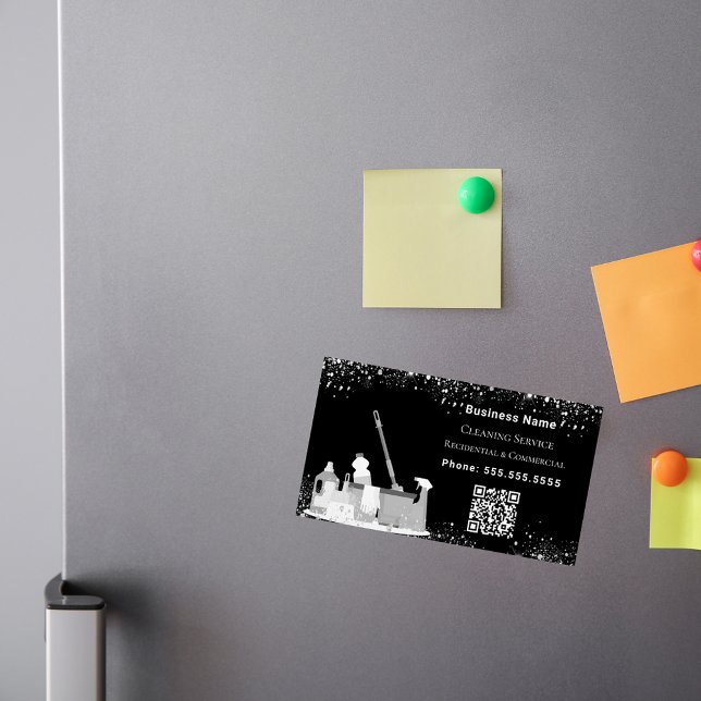 Cartão De Visitas Magnético Serviço de limpeza da poeira da prata preta do pó  (Criador carregado)