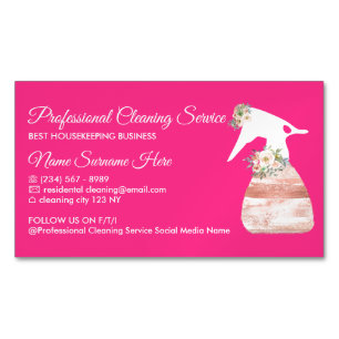 Cartão De Visitas Magnético Serviço de Limpeza Glamour Flor Spray Rosa Neon