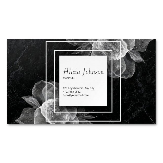 Cartão De Visitas Magnético Sheer Floral & Black Marble Elegante (Frente)