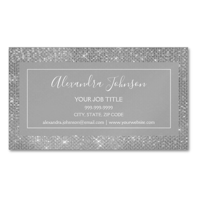Cartão De Visitas Magnético Silver Glam Sparkle Moderno e Elegante (Frente)