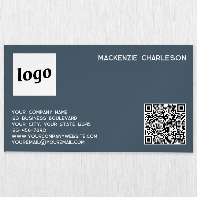 Cartão De Visitas Magnético Simple Logo and QR Code Charcoal Gray (Simple logo with custom text QR code business branding promotional magnet business card)