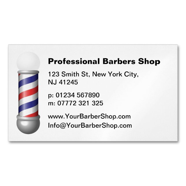Cartão De Visitas Magnético Simple White Barbers Pole Barbershop Business Card (Frente)