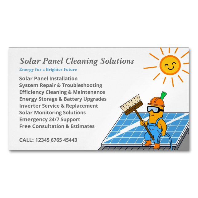 Cartão De Visitas Magnético Solar Panel Cleaning Services Mascot Cartoon (Frente)