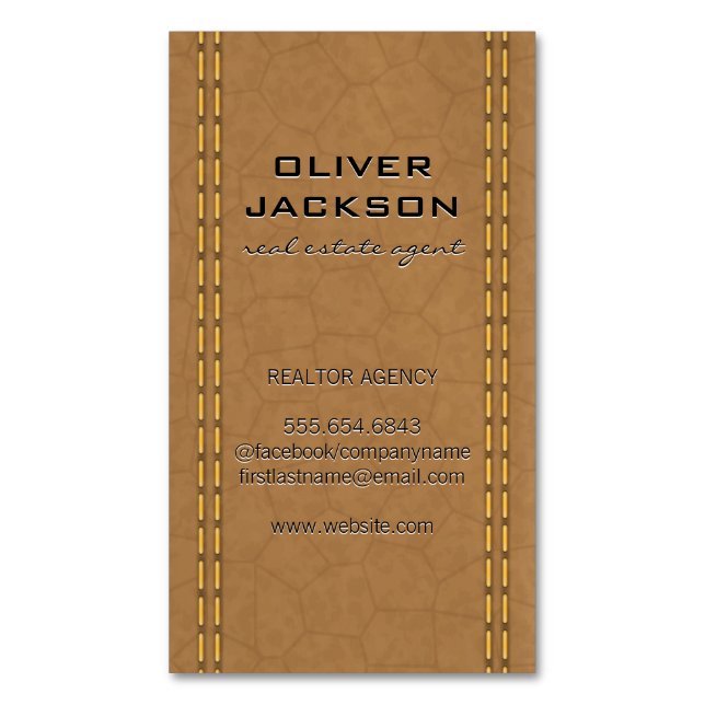 Cartão De Visitas Magnético Tan Leather Stitch Parece (Frente Vertical)
