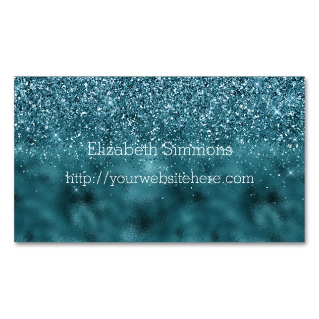 Cartão De Visitas Magnético Teal Glam Glitzy Glitter (Frente)