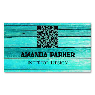 Cartão De Visitas Magnético Teal Wooden Modern Simples Código QR