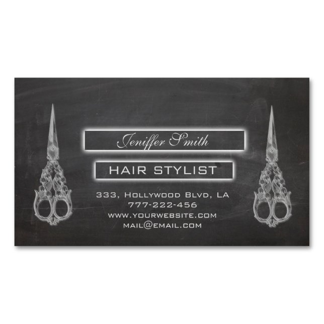 Cartão De Visitas Magnético Tesoura chic chalkboard stylist (Frente)