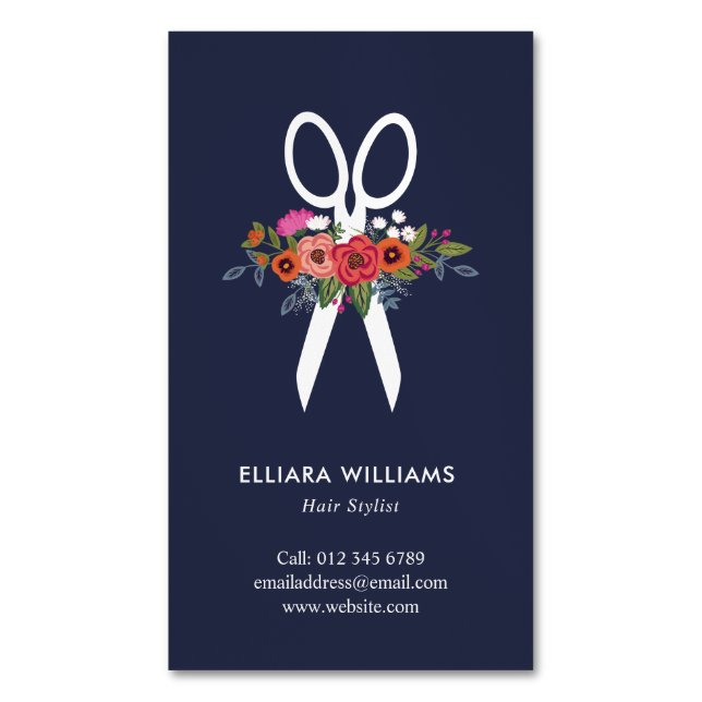 Cartão De Visitas Magnético Tesouras florais - cabeleireiro dos azuis marinhos (Frente Vertical)