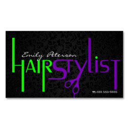 Cartão De Visitas Magnético Texto Estilista Preto-Negrito Verde E Cabelo Puro