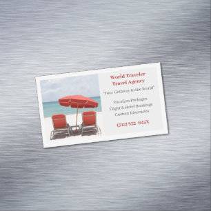 Cartão De Visitas Magnético Viagem Agent Beach da Agência White Red Chairs
