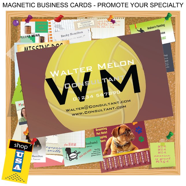 Cartão De Visitas Magnético Voleibol Amarelo 🏐 Fundo Vermelho Terra (Criador carregado)