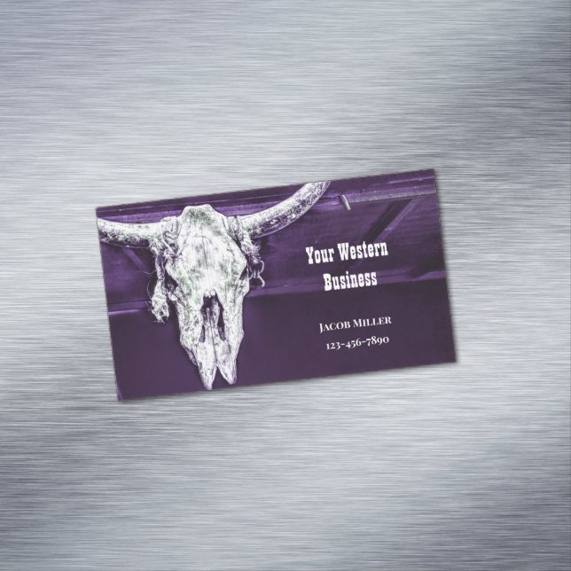 Cartão De Visitas Magnético Western Country Purple White Rustic Bull Cow Skull (Posição Original)
