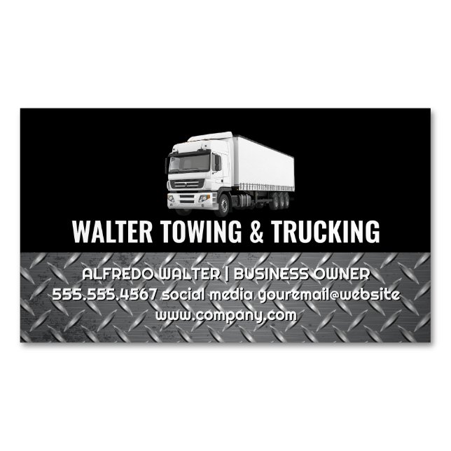 Cartão De Visitas Magnético White Trucking Logo | Steel Trim | Logistics  (Frente)