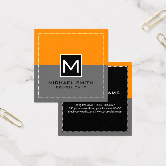 Cartão De Visitas Quadrado Laranja cinzenta moderna elegante do monograma