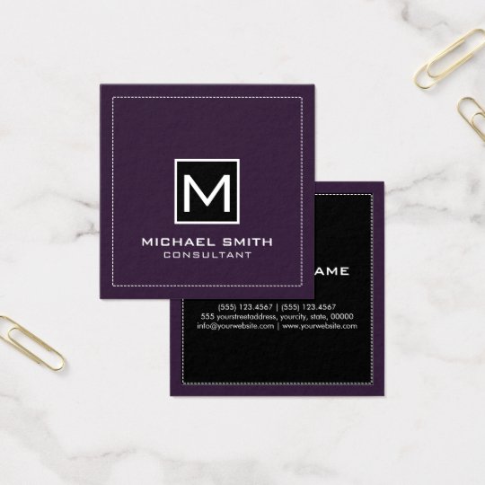 Cartão De Visitas Quadrado Roxo escuro preto moderno elegante do monograma
