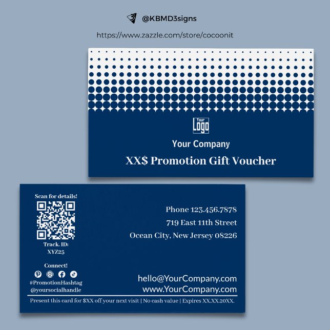 Cartão de Visor Azul Dif para Promoção de Negócios (Versatile Business Promo Blue Gift Voucher Card, Logo, QR code, SM Connect, Terms)