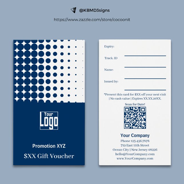 Cartão de Visor para Presente do Promocional Branc (Classic Blue White Promotional Gift Voucher Card, Profile Format, Logo, Track.ID., QR code, Terms)