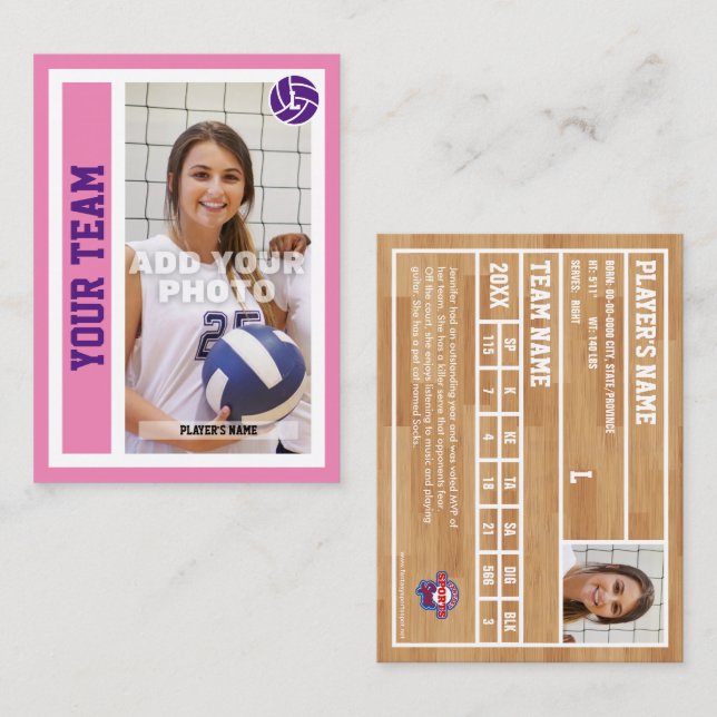 Cartão de Voleibol Personalizado (Rosa) (Frente/Verso)