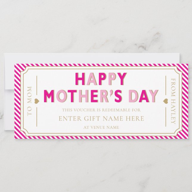 Cartão de Voucher de Presente de Dia das Mães Rosa (Frente)