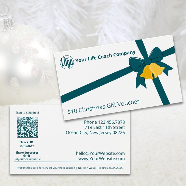 Cartão de Voucher de Presente de Natal $10 (Green Ribbon Bells $10 Christmas Gift Voucher Card, Business Card Size)
