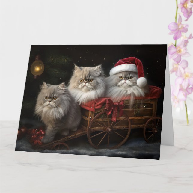 Cartão Decado de Natal de Gato Persa Snowy Sleigh (Orquídea)