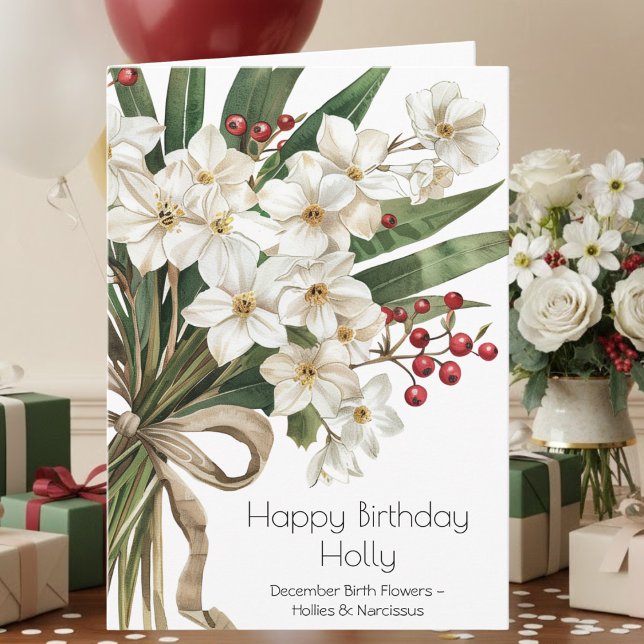 Cartão December Birth Flower Birthday Card | Hollies (Criador carregado)
