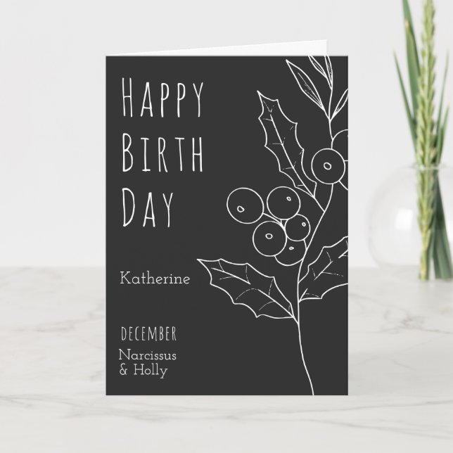 Cartão December Birth Flower Narcissus & Holly Birthday (Frente)