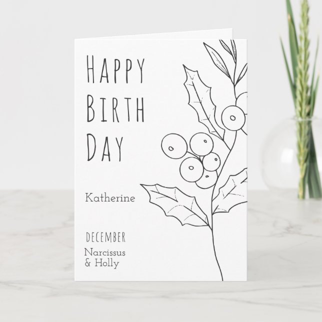 Cartão December Birth Flower Narcissus & Holly Birthday (Frente)