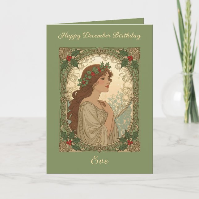 Cartão December Birthday Holly Berries Art Nouveau Style (Frente)