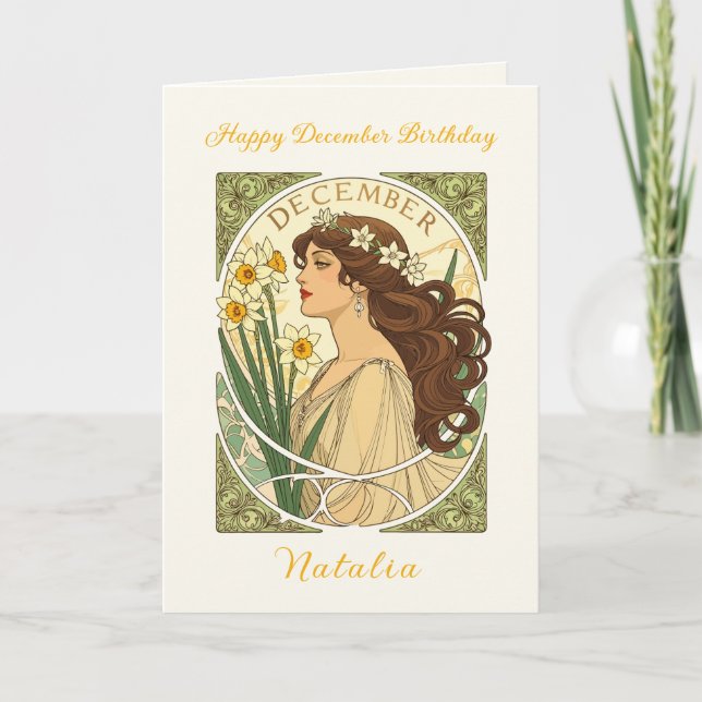 Cartão December Birthday Narcissus Art Nouveau Illustrati (Frente)
