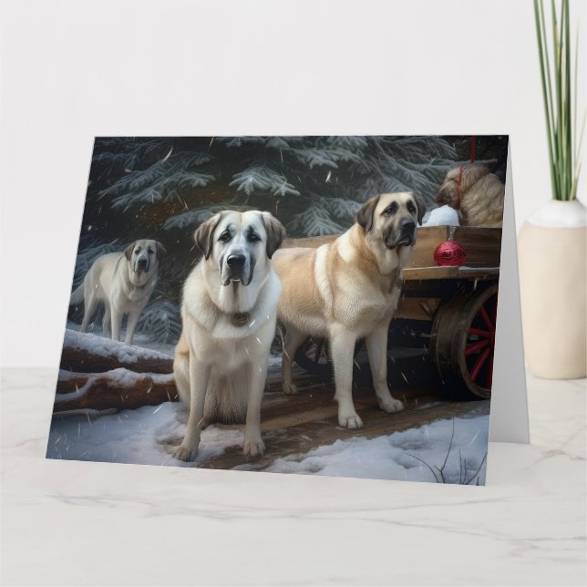 Cartão Decoração de Natal Anatolian Shepherd Snowy Sleigh (Frente)